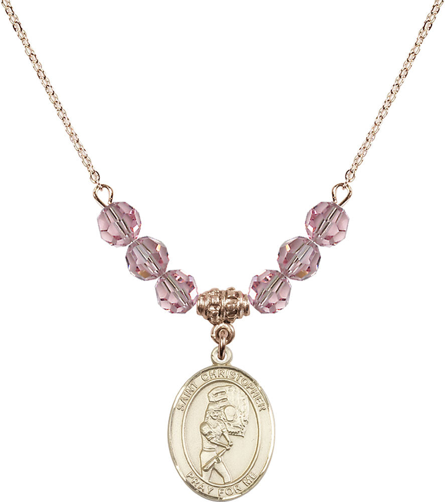 14kt Gold Filled Saint Christopher/Softball Birthstone Necklace with Light Rose Beads - 8507