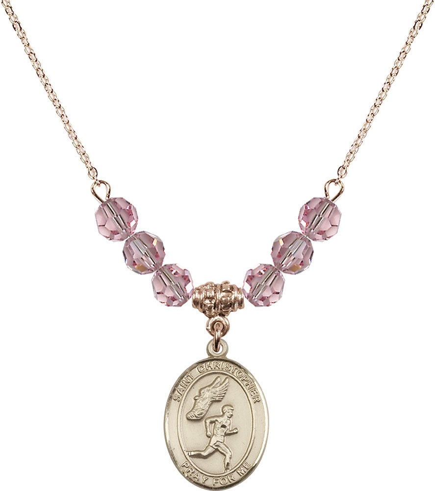 14kt Gold Filled Saint Christopher/Track&Field-Men Birthstone Necklace with Light Rose Beads - 8509
