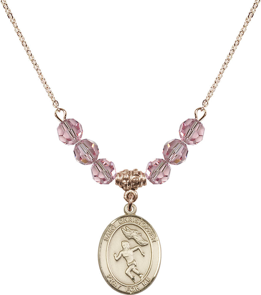14kt Gold Filled Saint Christopher/Track&Field-Women Birthstone Necklace with Light Rose Beads - 8510
