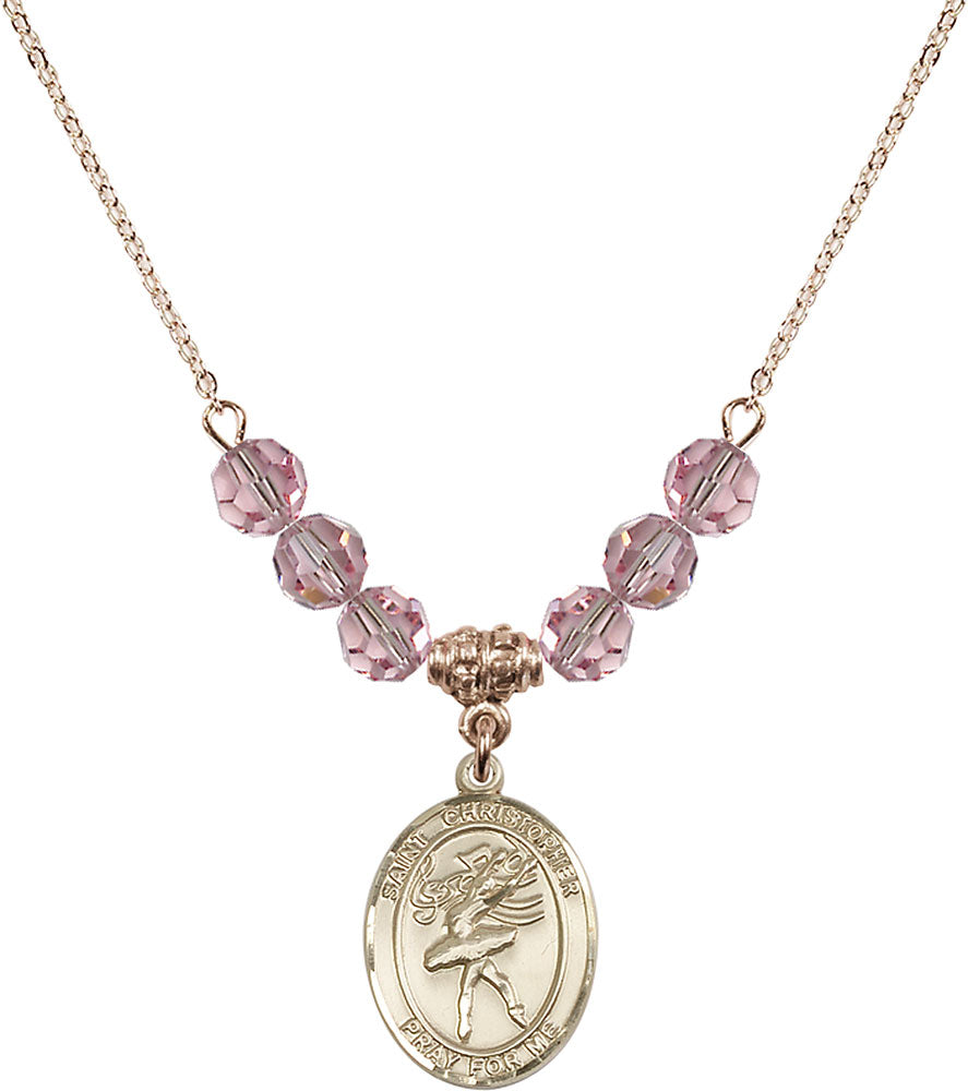 14kt Gold Filled Saint Christopher/Dance Birthstone Necklace with Light Rose Beads - 8512