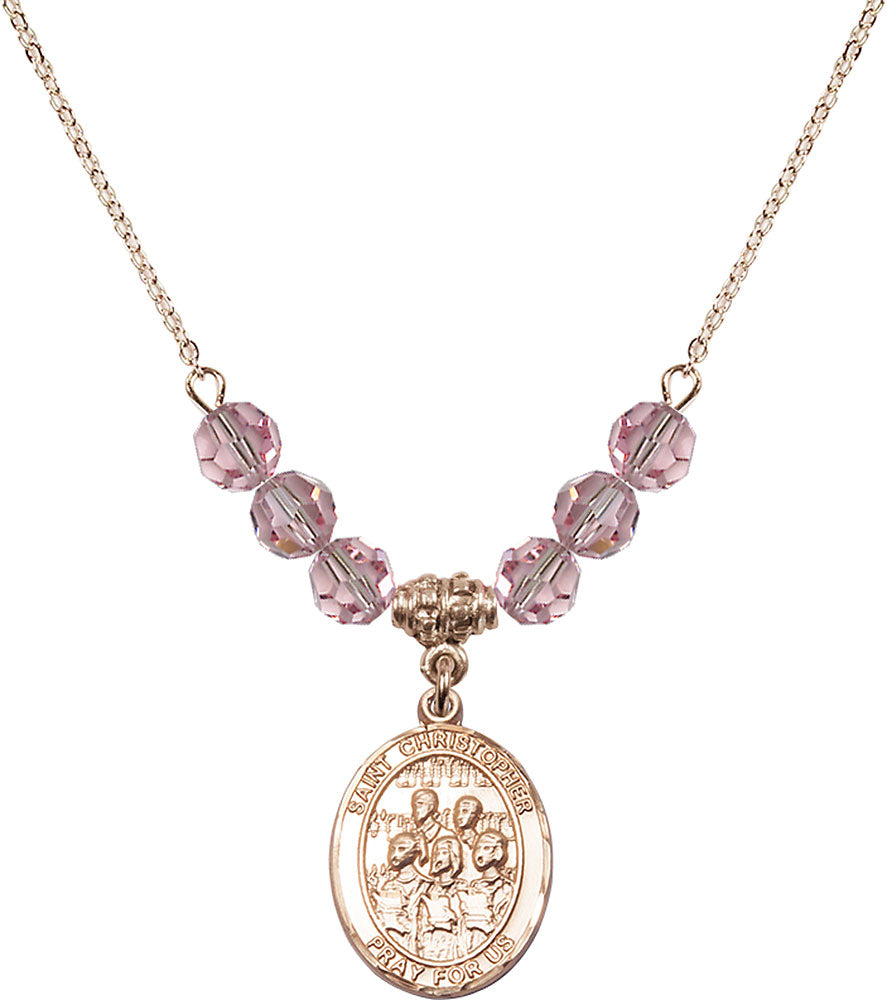 14kt Gold Filled Saint Christopher / Choir Birthstone Necklace with Light Rose Beads - 8514
