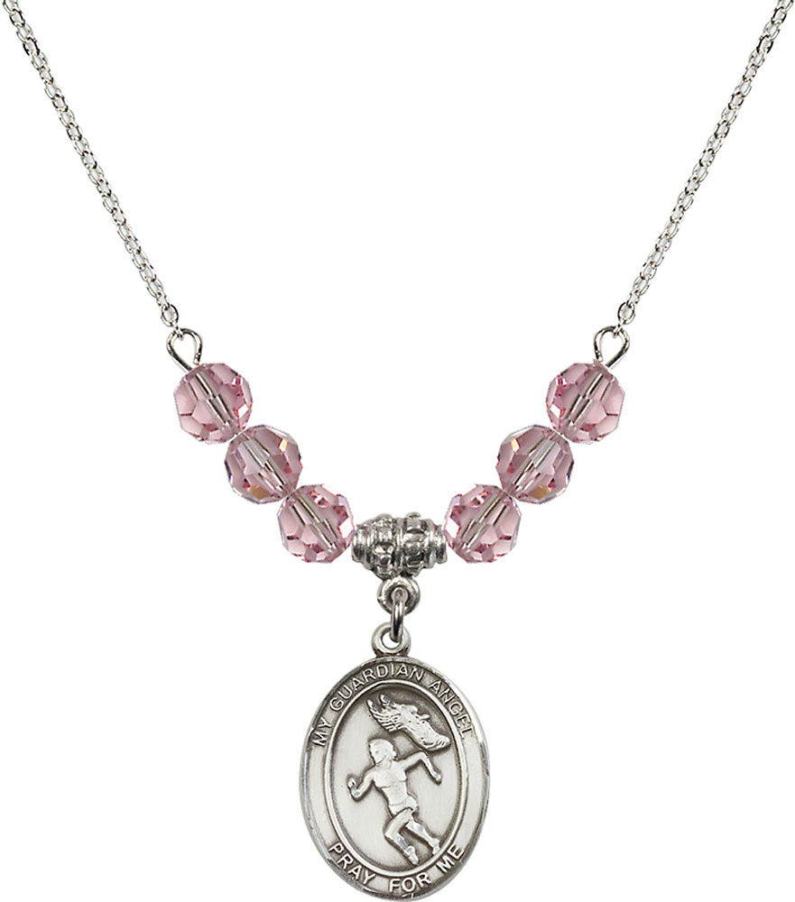 Sterling Silver Guardian Angel/Track&Field-Women Birthstone Necklace with Light Rose Beads - 8710