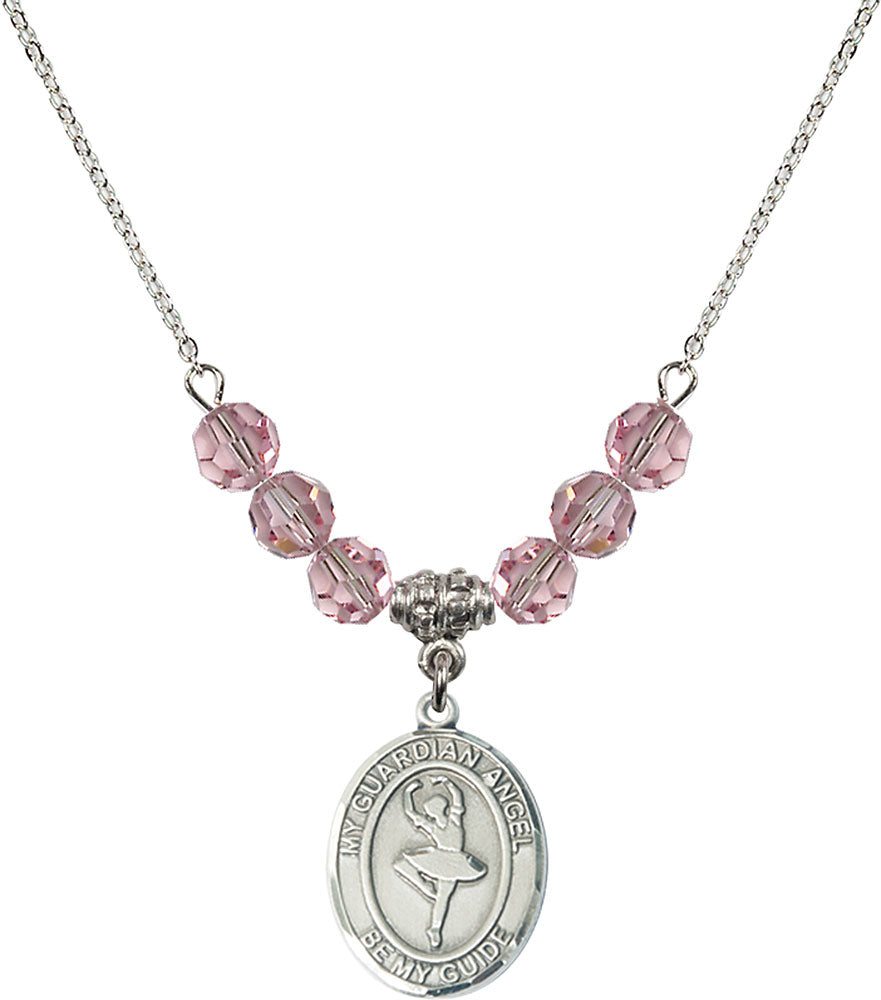 Sterling Silver Guardian Angel/Dance Birthstone Necklace with Light Rose Beads - 8712