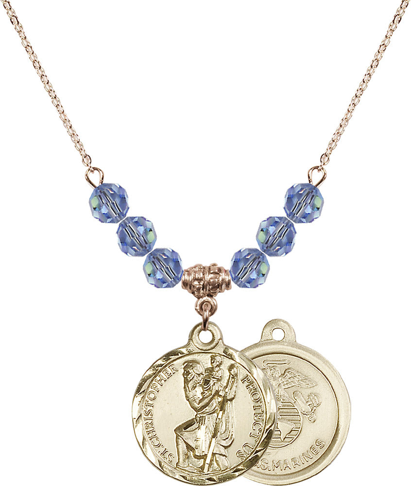 14kt Gold Filled Saint Christopher / Marines Birthstone Necklace with Light Sapphire Beads - 0192