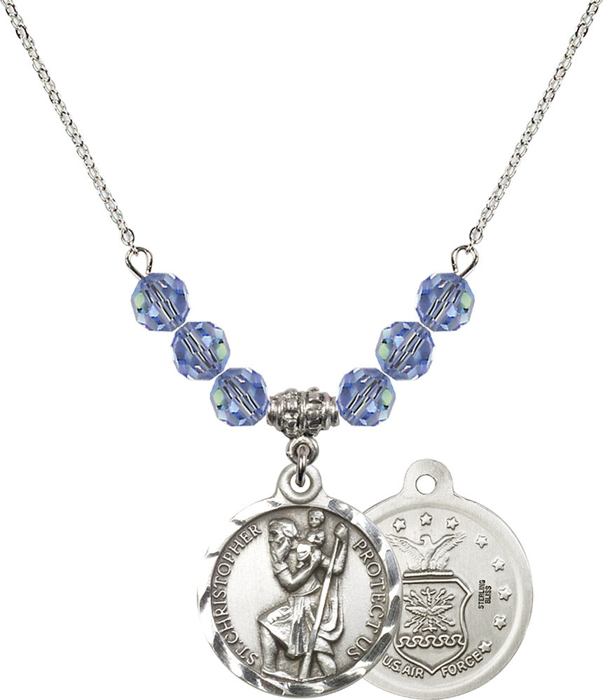 Sterling Silver Saint Christopher / Air Force Birthstone Necklace with Light Sapphire Beads - 0192