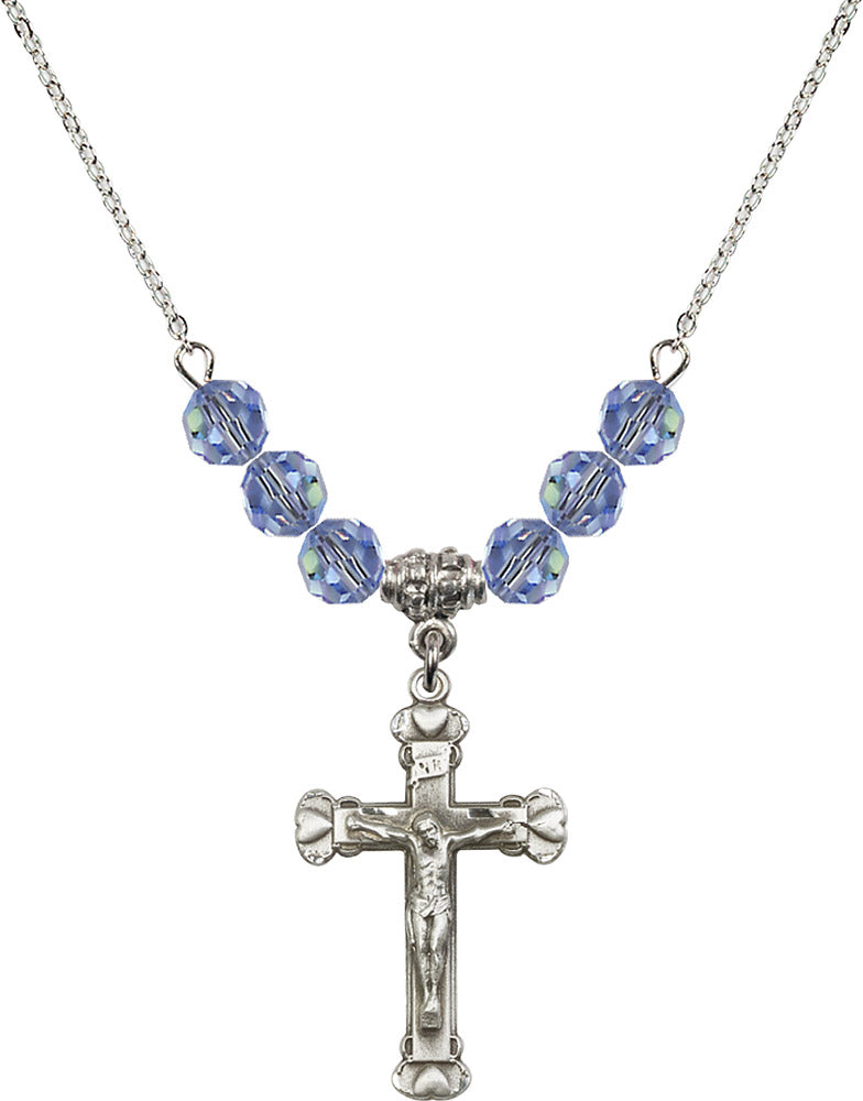Sterling Silver Crucifix Birthstone Necklace with Light Sapphire Beads - 0620