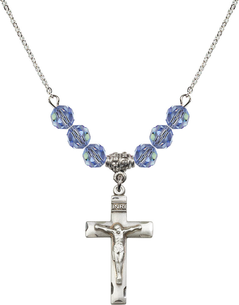 Sterling Silver Crucifix Birthstone Necklace with Light Sapphire Beads - 0624