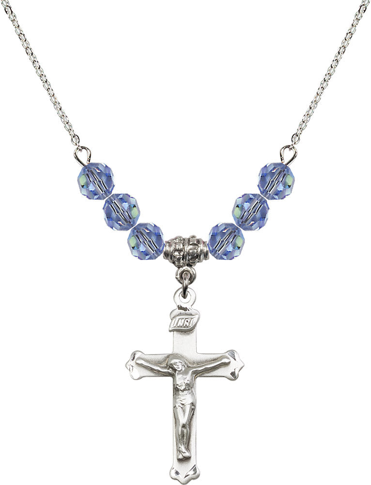 Sterling Silver Crucifix Birthstone Necklace with Light Sapphire Beads - 0651
