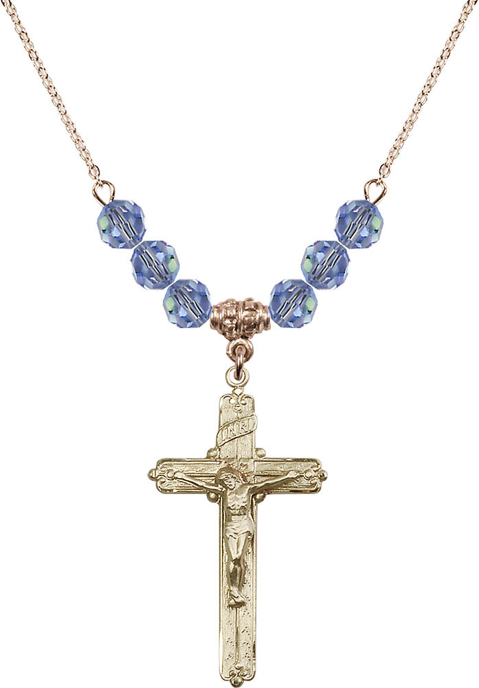 14kt Gold Filled Crucifix Birthstone Necklace with Light Sapphire Beads - 0655