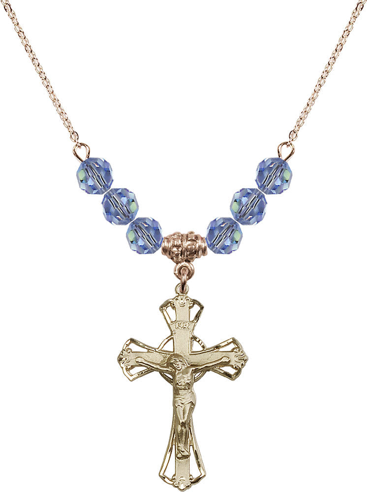 14kt Gold Filled Crucifix Birthstone Necklace with Light Sapphire Beads - 0659