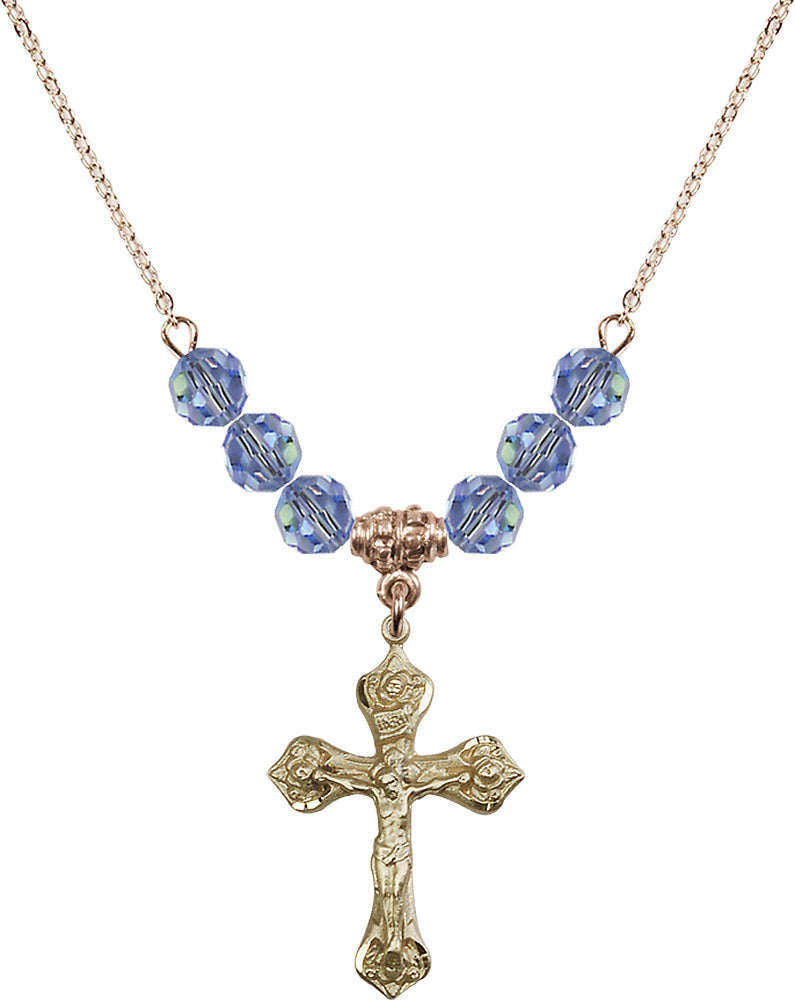 14kt Gold Filled Crucifix Birthstone Necklace with Light Sapphire Beads - 0662