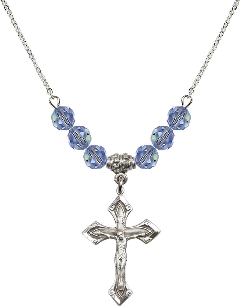 Sterling Silver Crucifix Birthstone Necklace with Light Sapphire Beads - 0663
