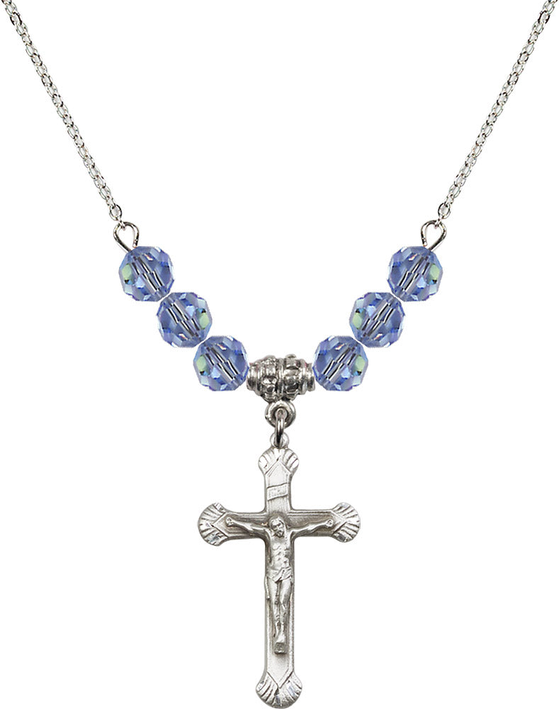 Sterling Silver Crucifix Birthstone Necklace with Light Sapphire Beads - 0664