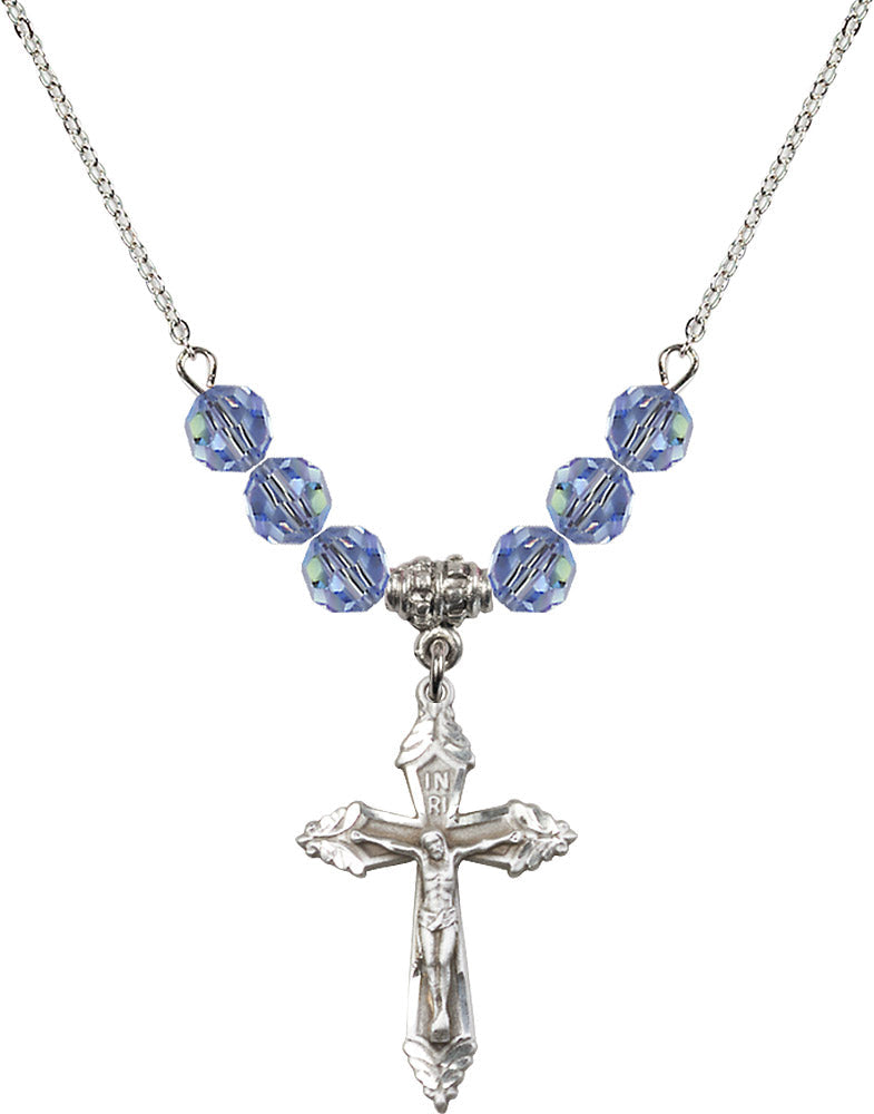 Sterling Silver Crucifix Birthstone Necklace with Light Sapphire Beads - 0665