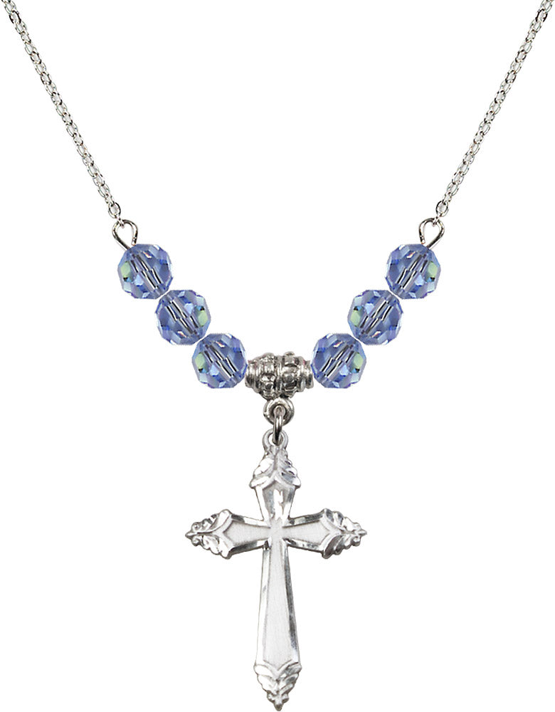 Sterling Silver Cross Birthstone Necklace with Light Sapphire Beads - 0665