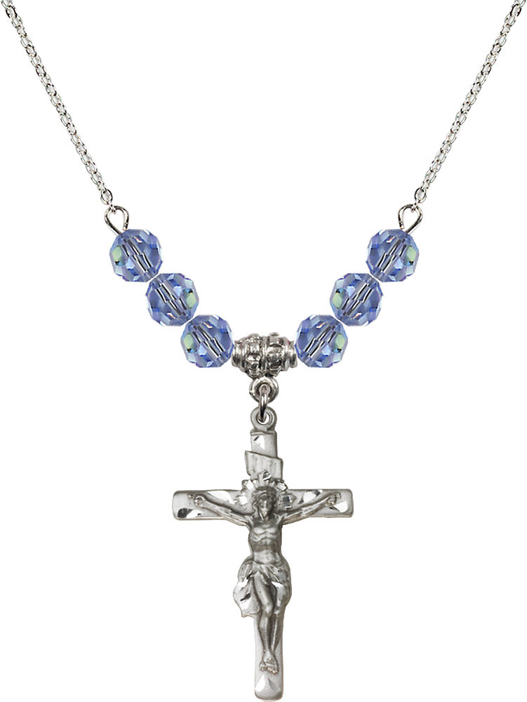 Sterling Silver Crucifix Birthstone Necklace with Light Sapphire Beads - 0668