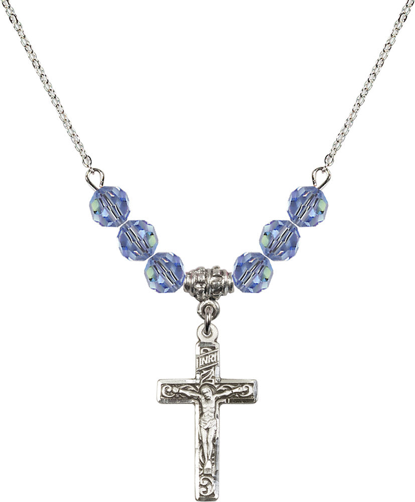 Sterling Silver Crucifix Birthstone Necklace with Light Sapphire Beads - 0673