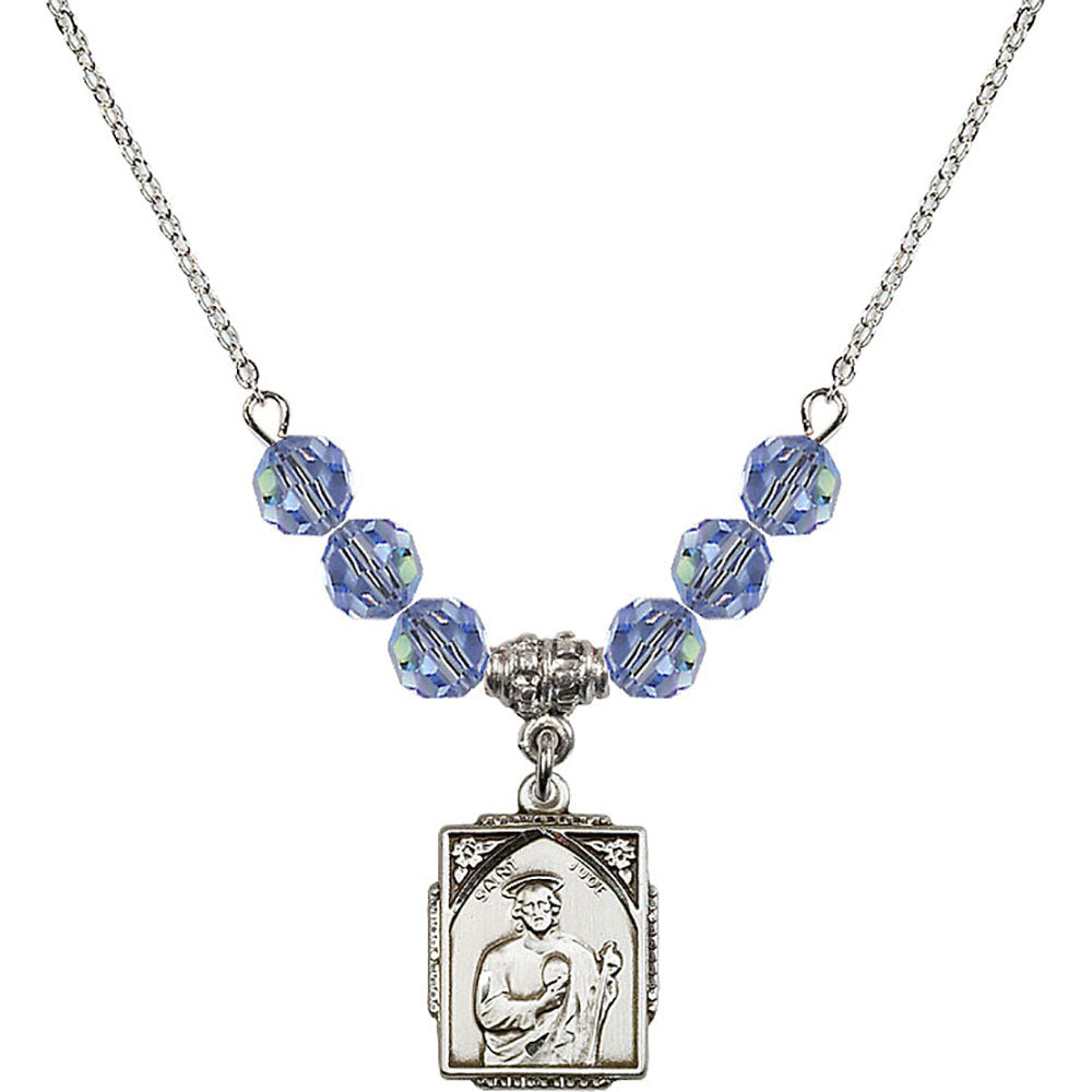 Sterling Silver Saint Jude Birthstone Necklace with Light Sapphire Beads - 0804