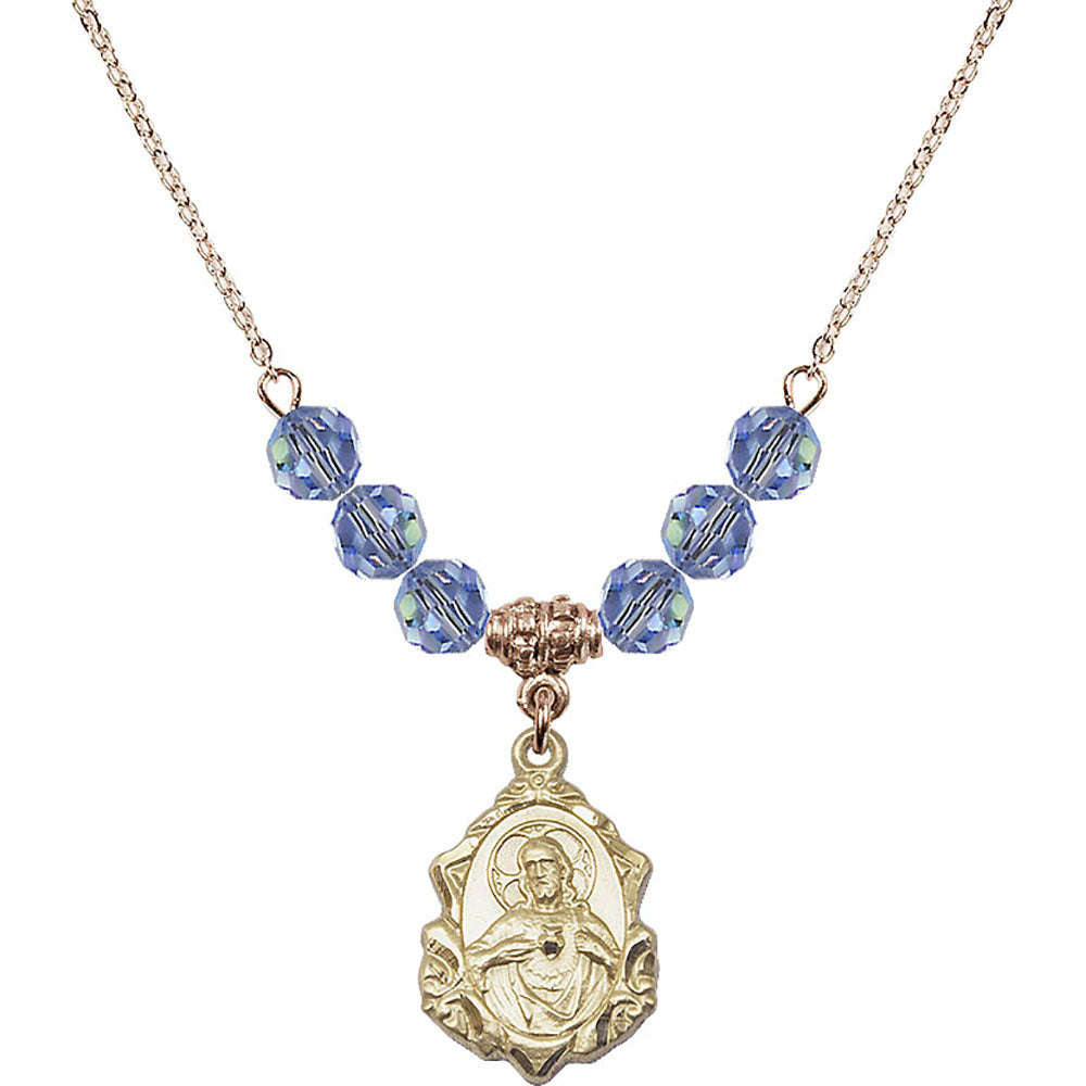 14kt Gold Filled Scapular Birthstone Necklace with Light Sapphire Beads - 0822