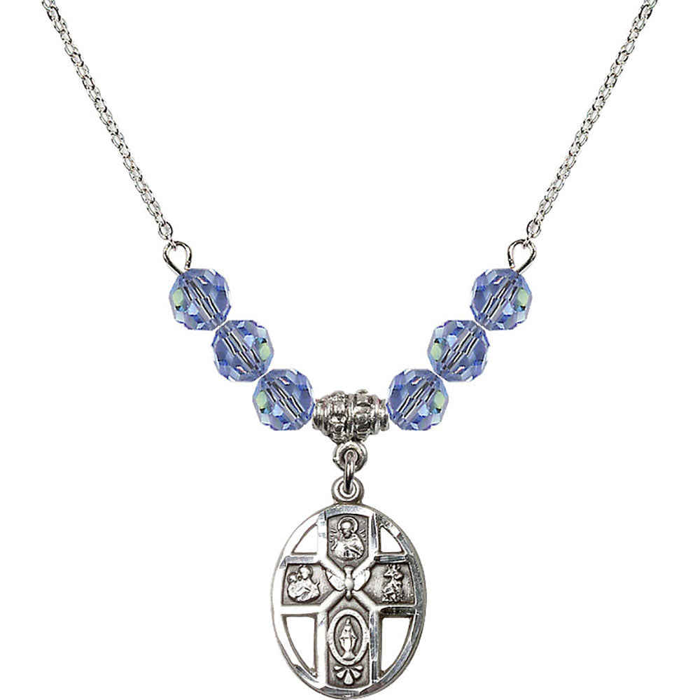 Sterling Silver 5-Way / Holy Spirit Birthstone Necklace with Light Sapphire Beads - 0880
