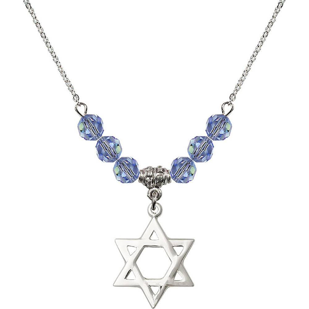Sterling Silver Star of David Birthstone Necklace with Light Sapphire Beads - 1210