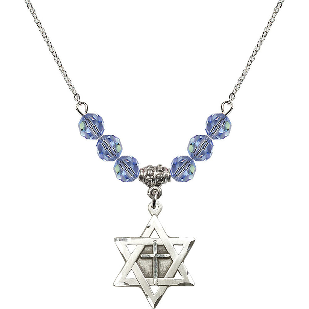 Sterling Silver Star of David w/ Cross Birthstone Necklace with Light Sapphire Beads - 1210