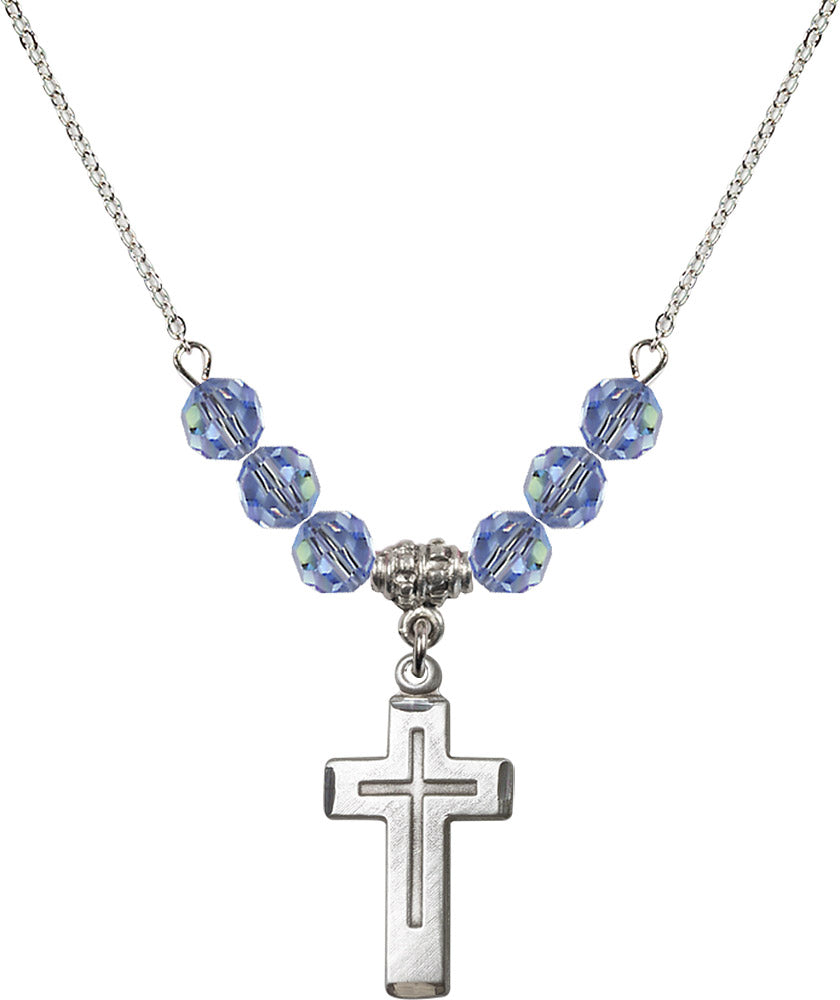 Sterling Silver Cross Birthstone Necklace with Light Sapphire Beads - 1529