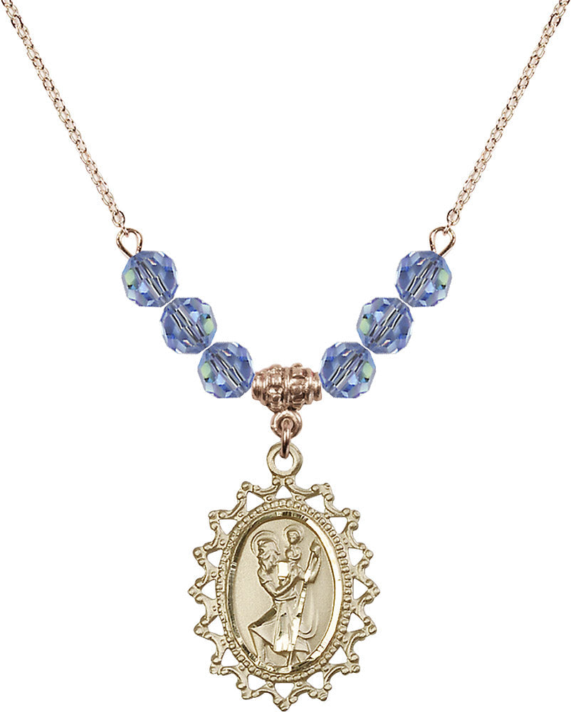 14kt Gold Filled Saint Christopher Birthstone Necklace with Light Sapphire Beads - 1619