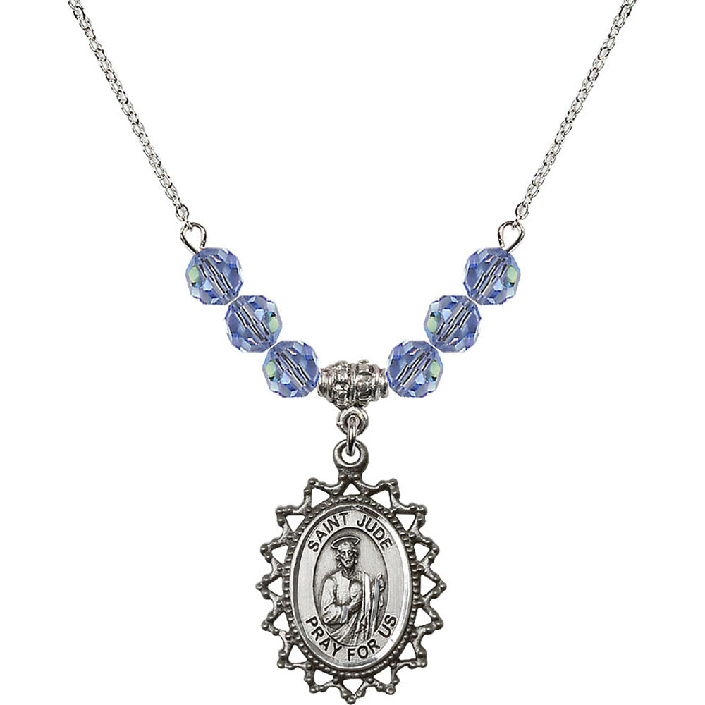 Sterling Silver Saint Jude Birthstone Necklace with Light Sapphire Beads - 1619