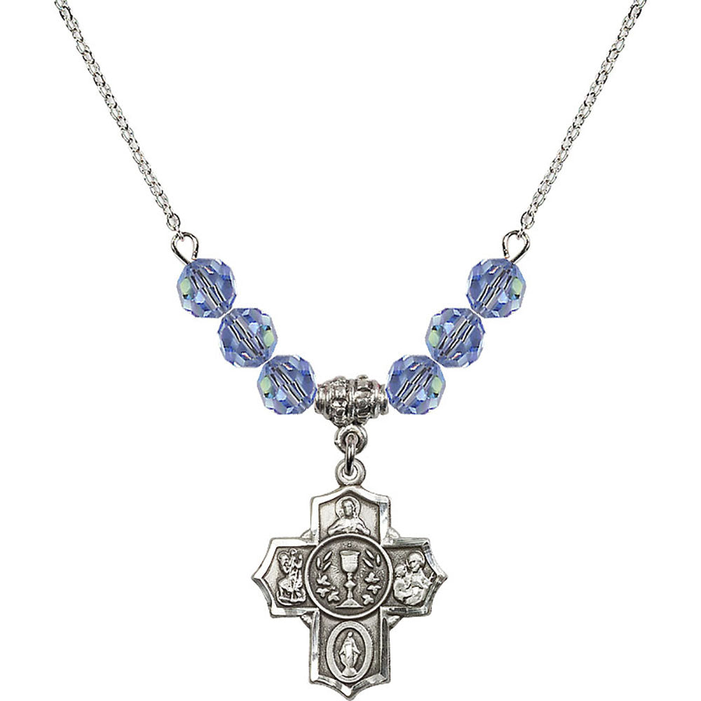Sterling Silver Communion/5-Way Birthstone Necklace with Light Sapphire Beads - 2004
