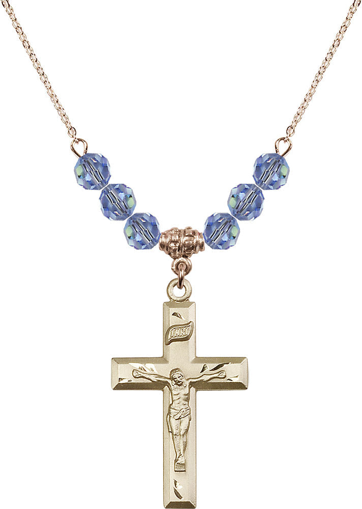 14kt Gold Filled Crucifix Birthstone Necklace with Light Sapphire Beads - 2186