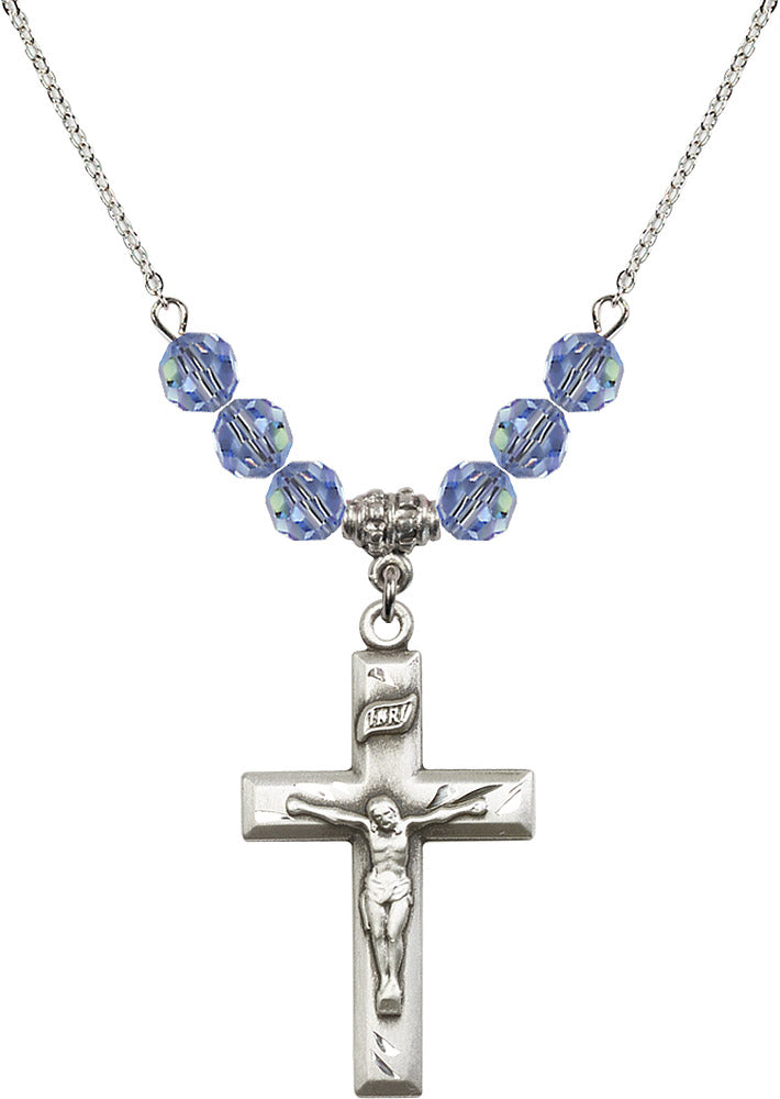 Sterling Silver Crucifix Birthstone Necklace with Light Sapphire Beads - 2186