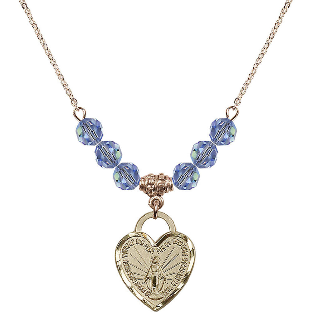 14kt Gold Filled Miraculous Heart Birthstone Necklace with Light Sapphire Beads - 3201