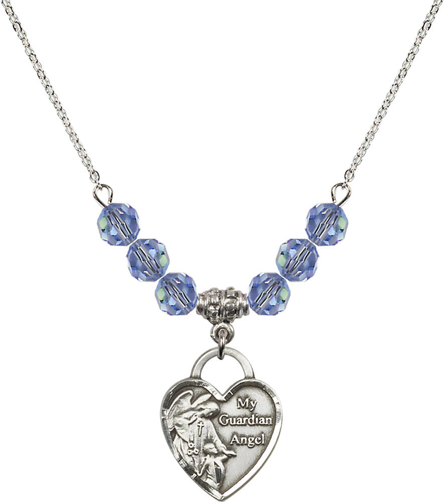 Sterling Silver Guardian Angel Heart Birthstone Necklace with Light Sapphire Beads - 3202