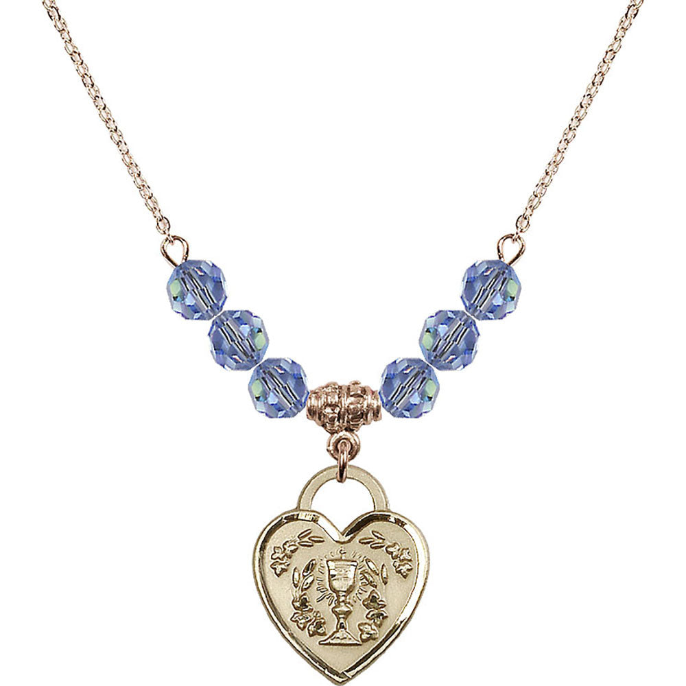 14kt Gold Filled Communion Heart Birthstone Necklace with Light Sapphire Beads - 3204