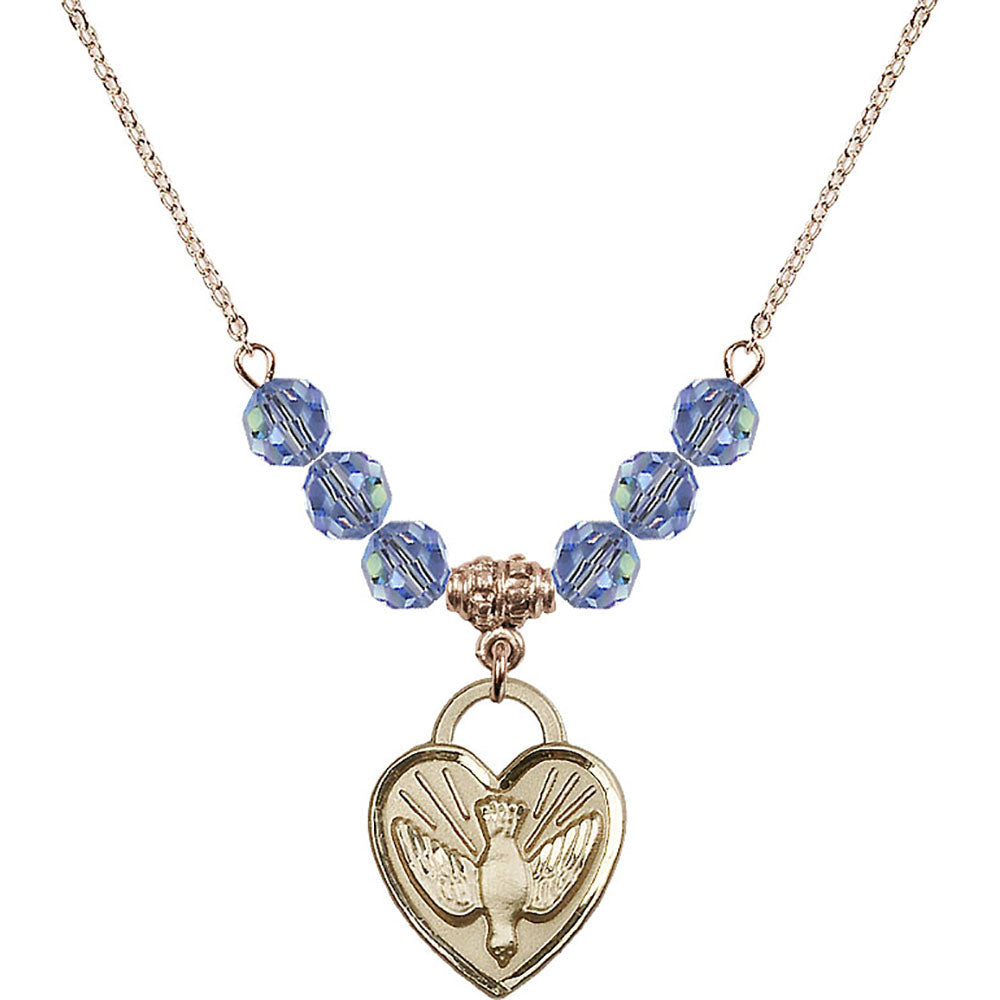 14kt Gold Filled Confirmation Heart Birthstone Necklace with Light Sapphire Beads - 3205