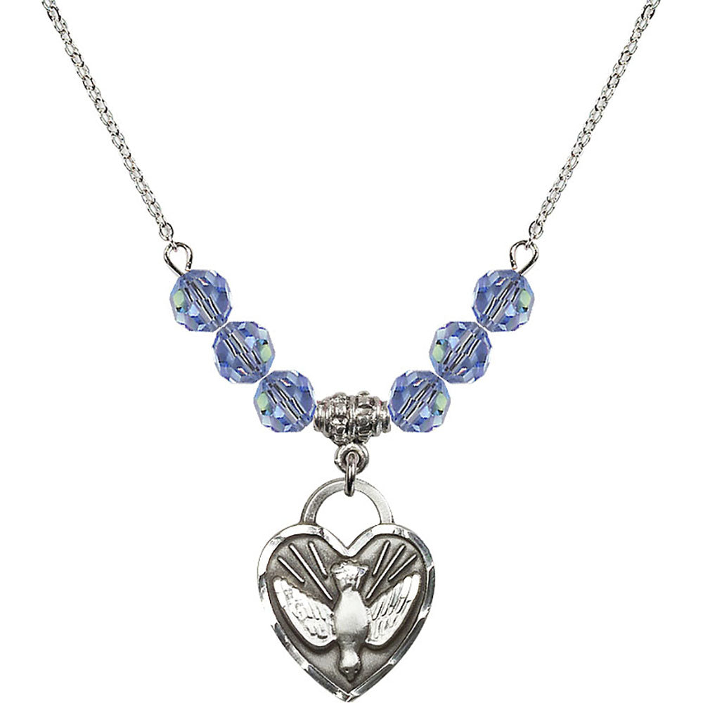 Sterling Silver Confirmation Heart Birthstone Necklace with Light Sapphire Beads - 3205