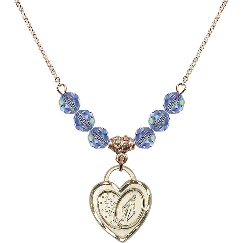 14kt Gold Filled Miraculous Heart Birthstone Necklace with Light Sapphire Beads - 3212