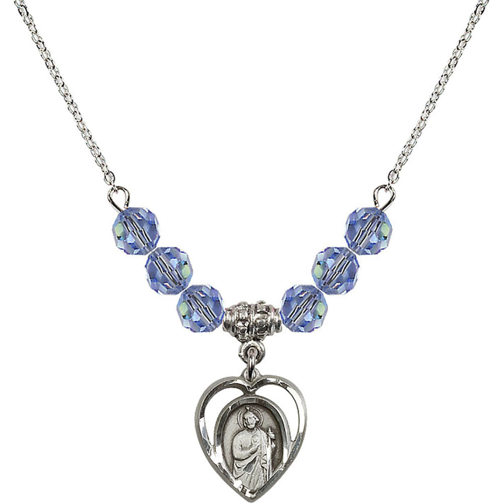 Sterling Silver Saint Jude Birthstone Necklace with Light Sapphire Beads - 4128