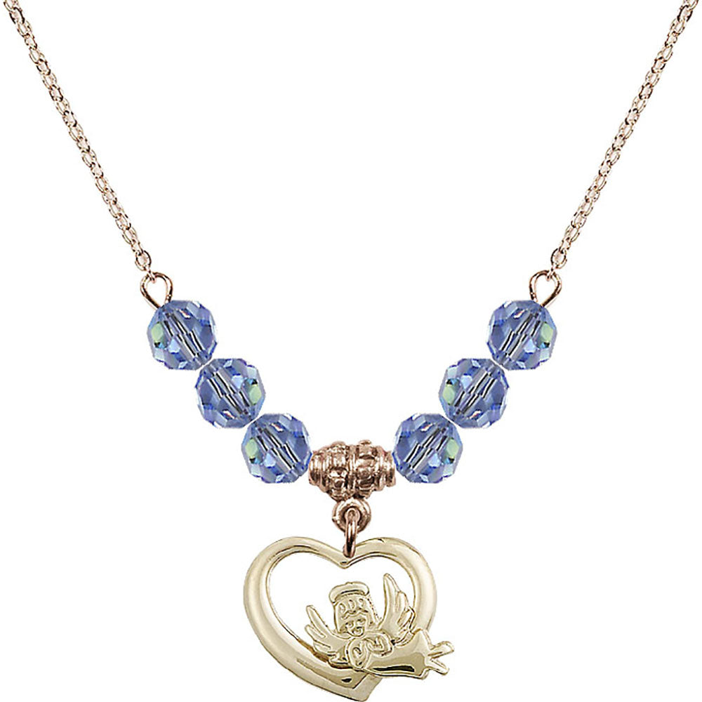14kt Gold Filled Heart / Guardian Angel Birthstone Necklace with Light Sapphire Beads - 4206