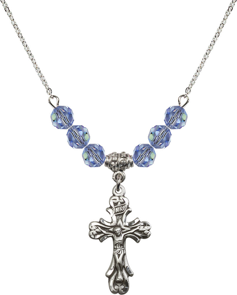 Sterling Silver Crucifix Birthstone Necklace with Light Sapphire Beads - 5421