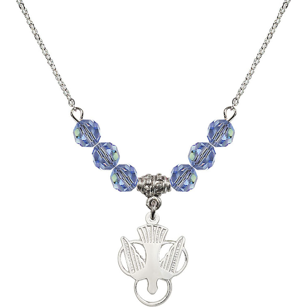 Sterling Silver Holy Spirit Birthstone Necklace with Light Sapphire Beads - 5430