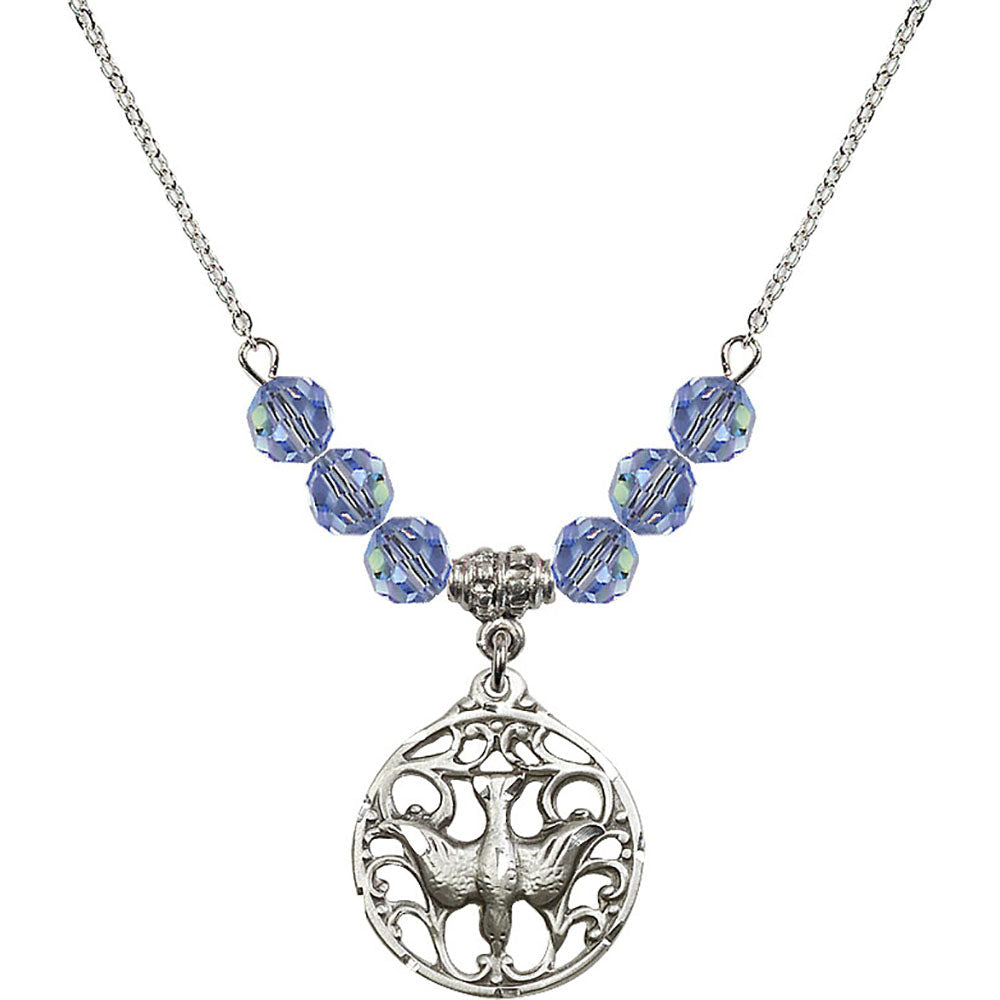 Sterling Silver Holy Spirit Birthstone Necklace with Light Sapphire Beads - 5655