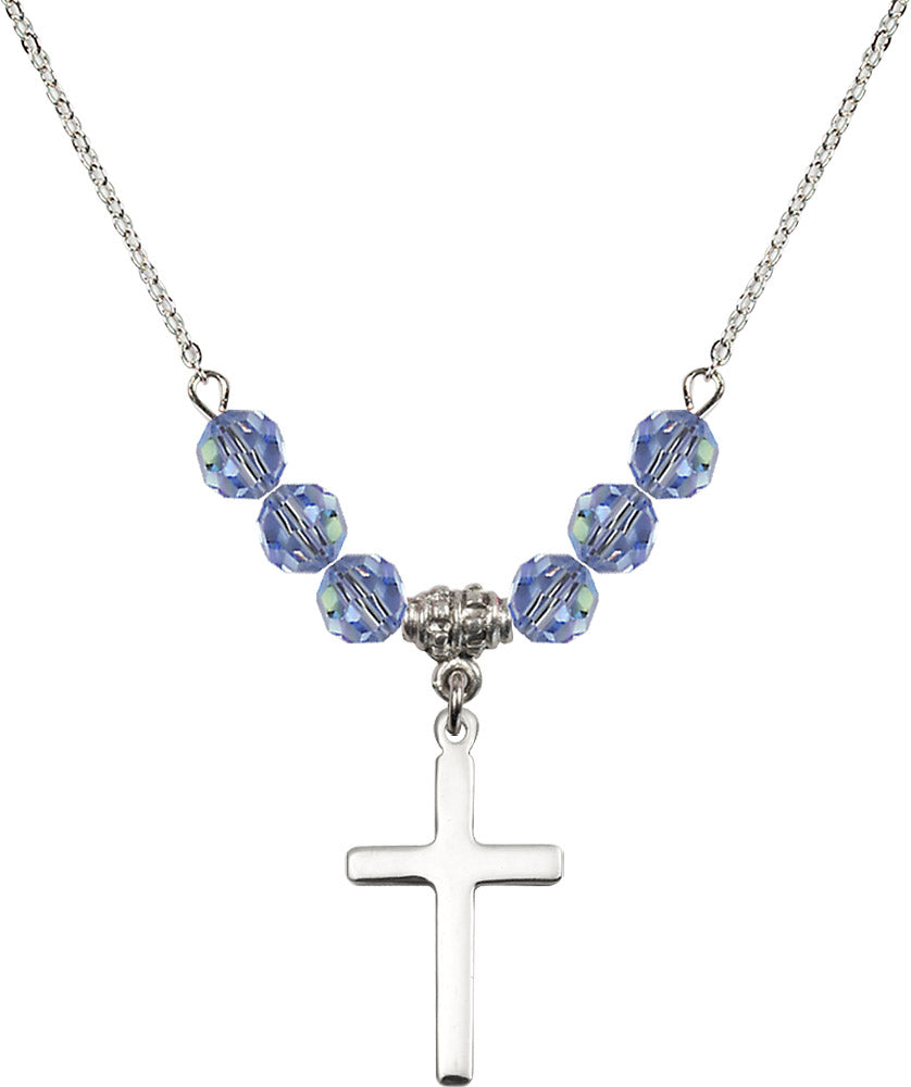 Sterling Silver Cross Birthstone Necklace with Light Sapphire Beads - 5670