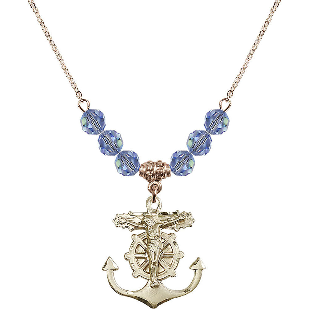 14kt Gold Filled Anchor Crucifix Birthstone Necklace with Light Sapphire Beads - 5685