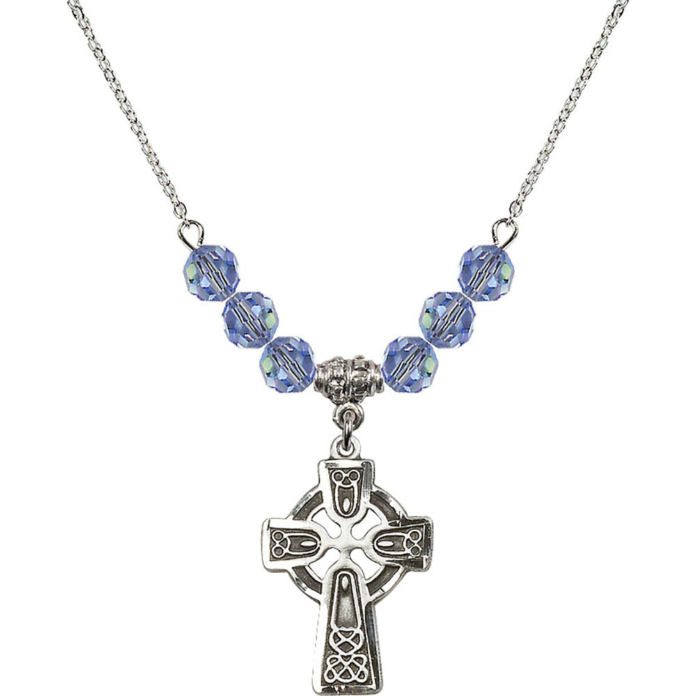 Sterling Silver Celtic Cross Birthstone Necklace with Light Sapphire Beads - 5689