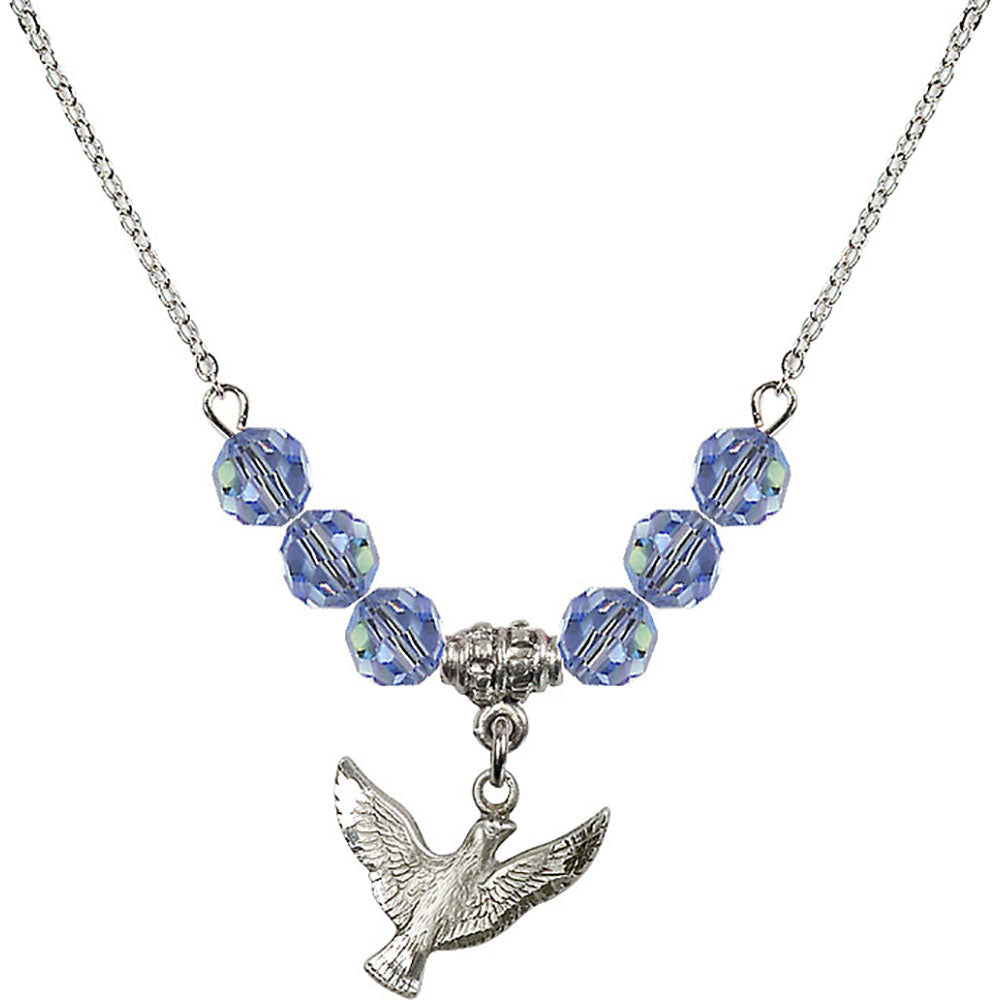 Sterling Silver Holy Spirit Birthstone Necklace with Light Sapphire Beads - 5912