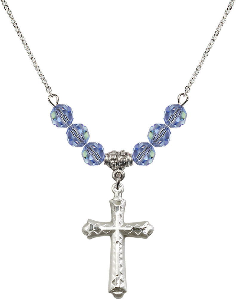 Sterling Silver Cross Birthstone Necklace with Light Sapphire Beads - 6007