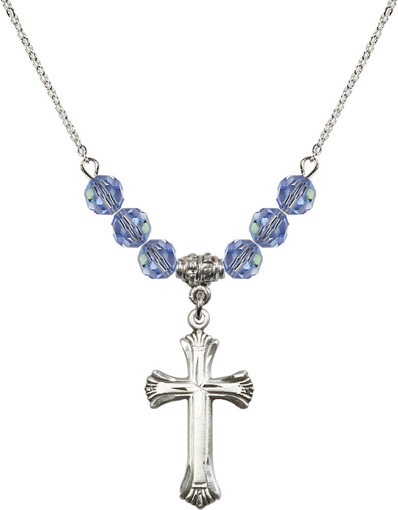 Sterling Silver Cross Birthstone Necklace with Light Sapphire Beads - 6013