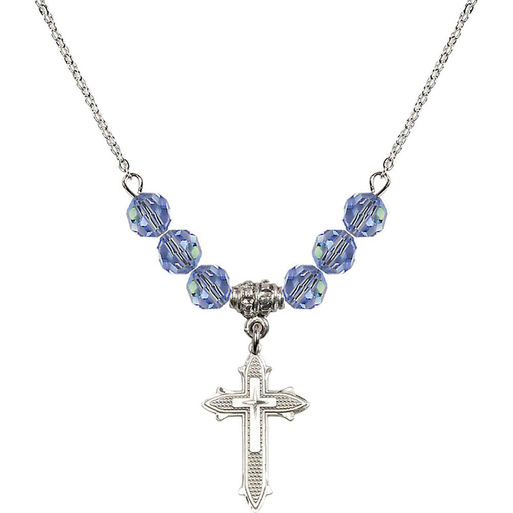 Sterling Silver Cross on Cross Birthstone Necklace with Light Sapphire Beads - 6058